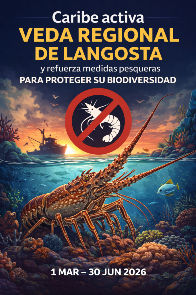 Ilustración sobre la veda regional de la langosta en el Caribe, una medida clave para proteger la biodiversidad marina y garantizar la sostenibilidad de la especie.